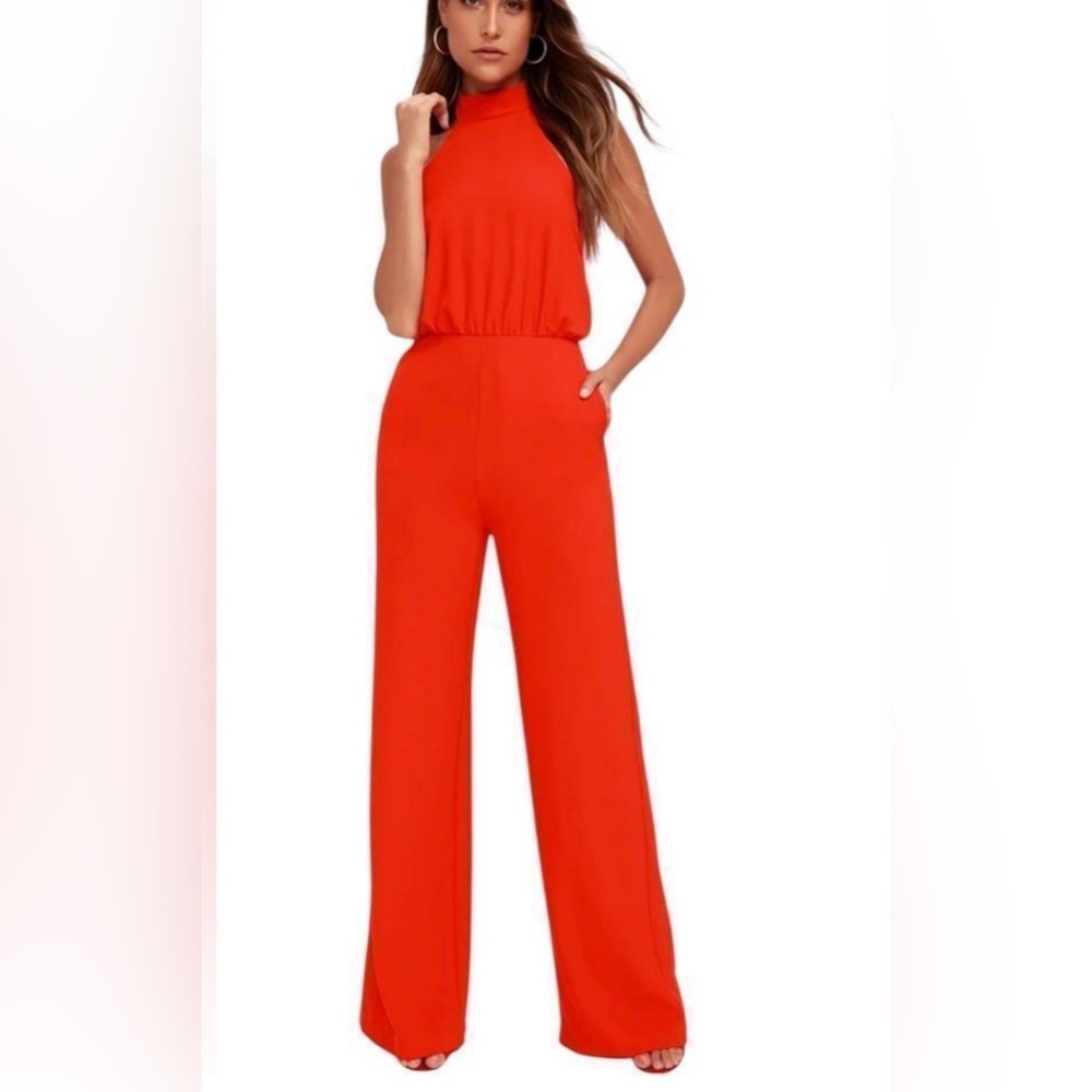 Lulu's Vibrant Red Halter Jumpsuit